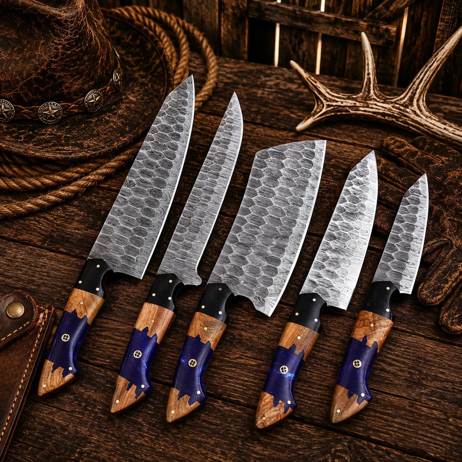 Artisan Damascus Chef Knife Set – Professional Kitchen Collection - SHAM KNIVESkitchen knifesSHAM KNIVESProfessional Damascus kitchen knife collection with G10 bolsters.