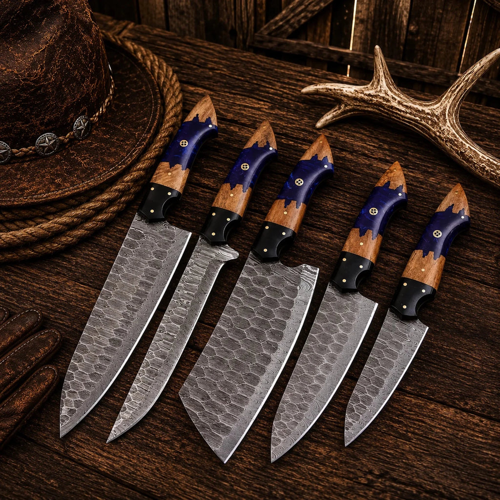Artisan Damascus Chef Knife Set – Professional Kitchen Collection - SHAM KNIVESkitchen knifesSHAM KNIVESPremium handcrafted Damascus chef knives for home and professional kitchens.
