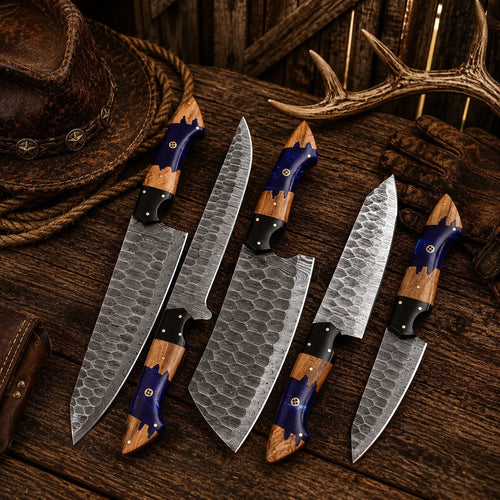 Artisan Damascus Chef Knife Set – Professional Kitchen Collection - SHAM KNIVESkitchen knifesSHAM KNIVESHandmade Damascus Steel Chef Knife Set with Brazilian Rosewood handles.