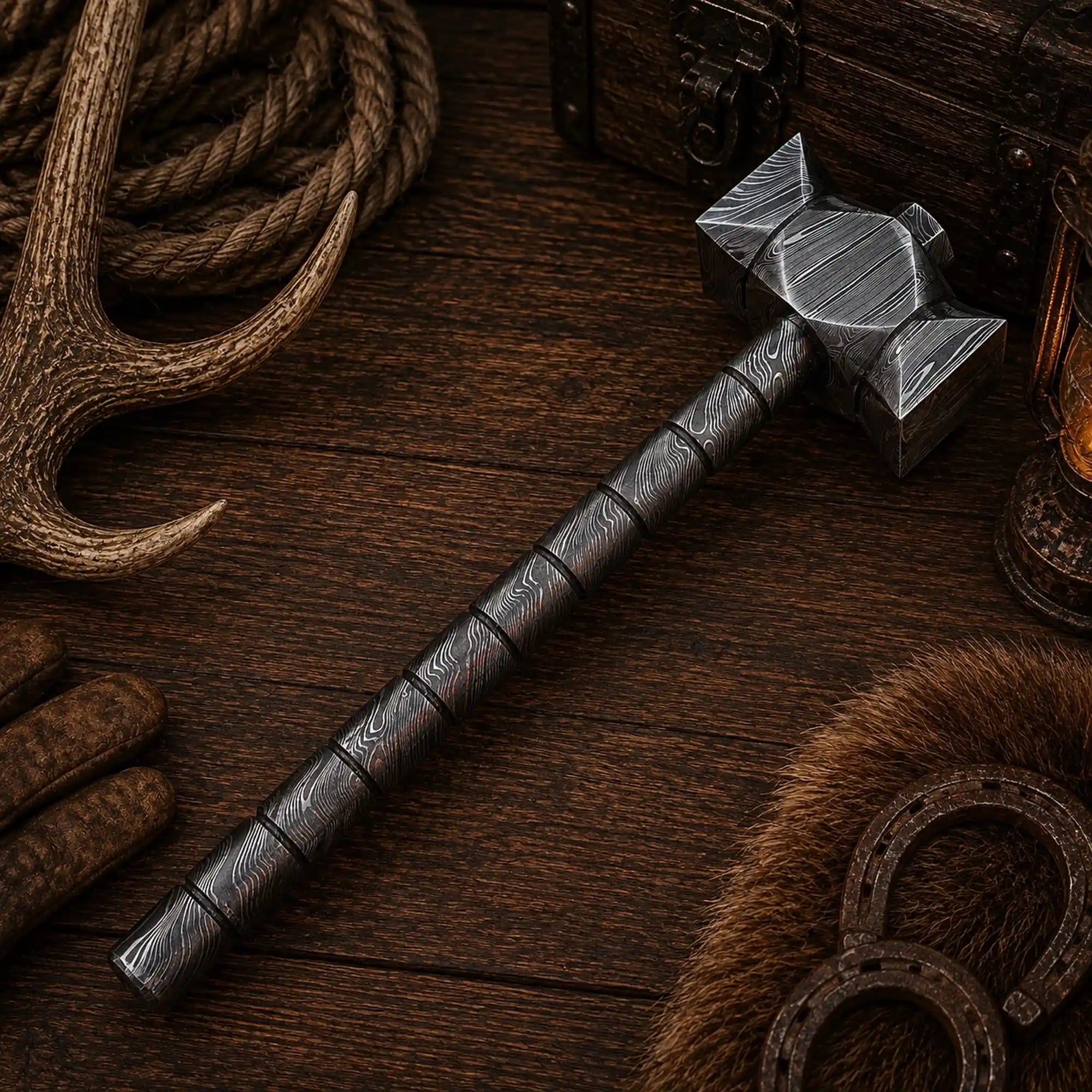 Asgard Titan Damascus steel hammer with geometric collector head