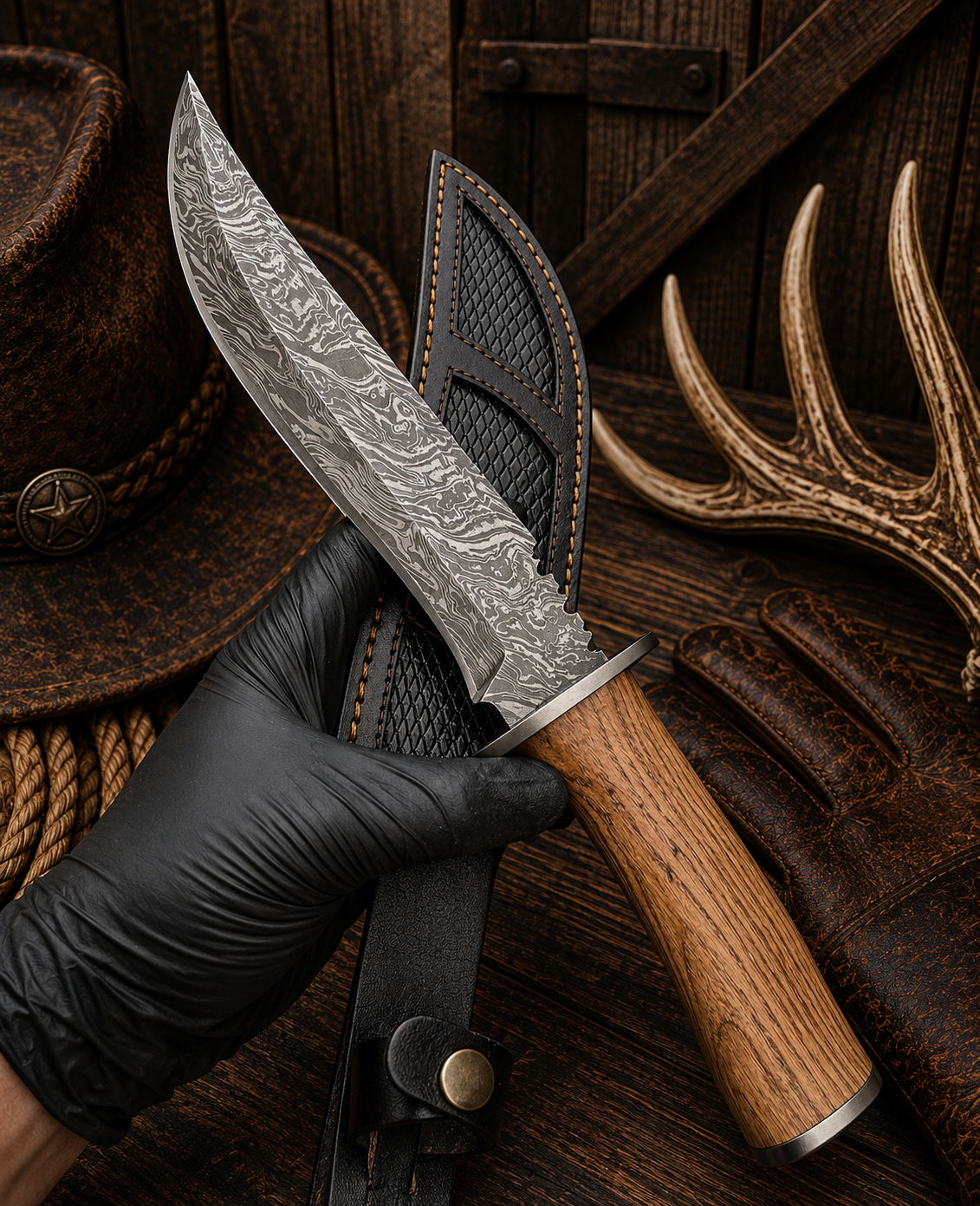 Ash Ranger Damascus Bowie knife with ash-wood handle and leather sheath