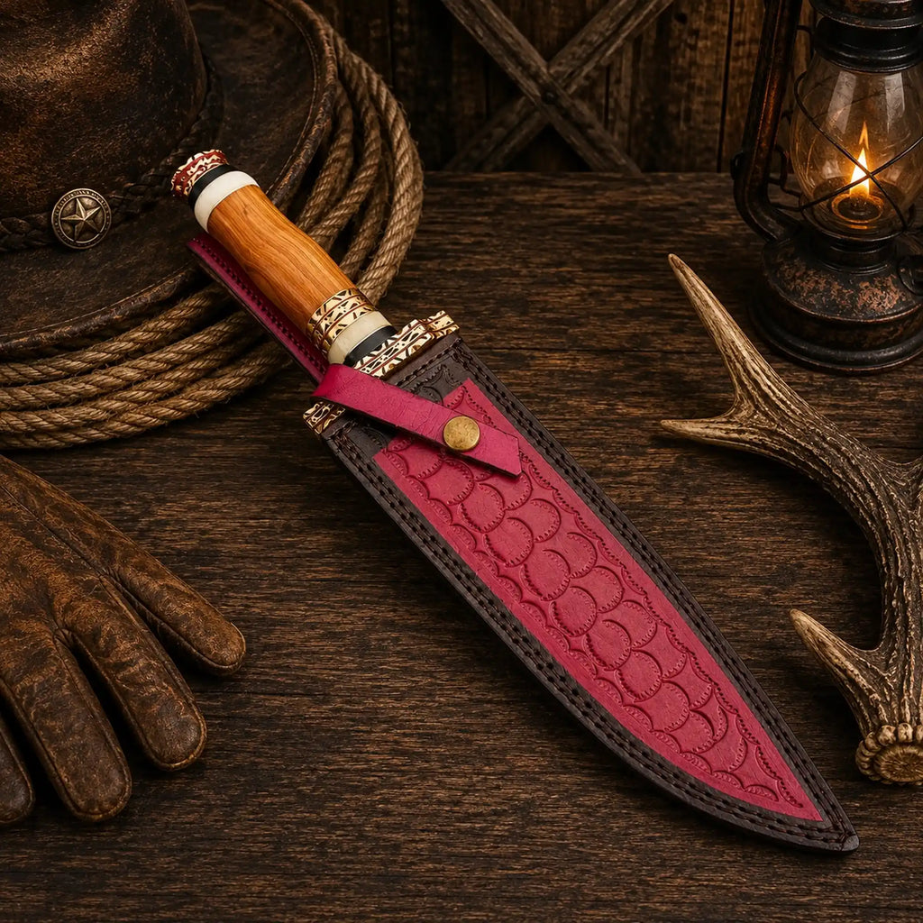 Ash wood handle Bowie knife with engraved brass-colored guard