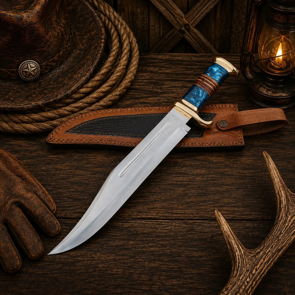 Australian Outback D2 Bowie knife with blue resin and leather handle