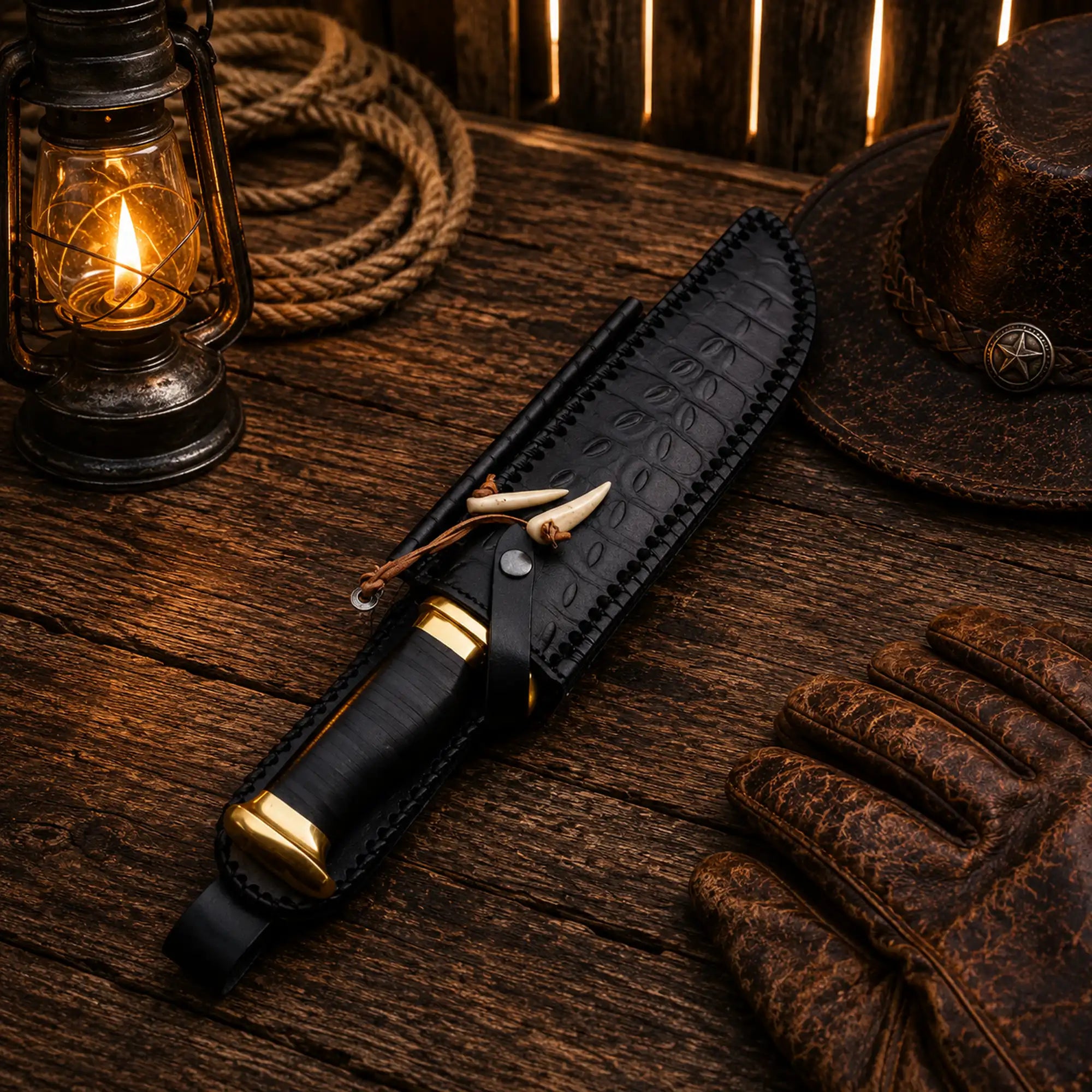 Australian Outback Bowie knife with leather sheath and sharpening rod