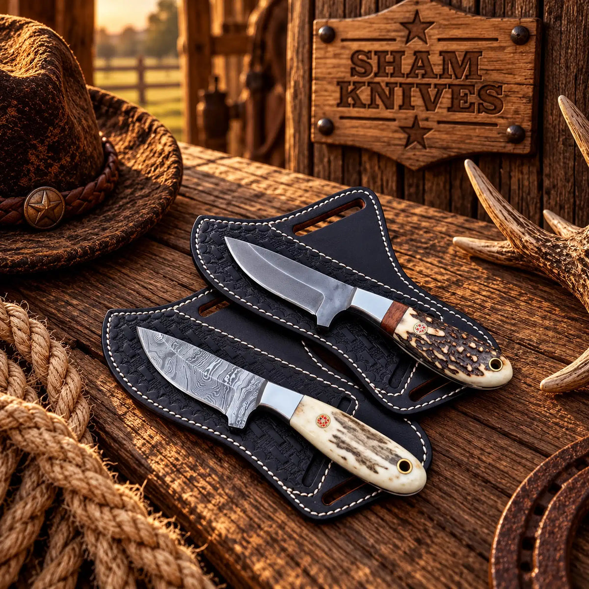 Back belt cowboy field dressing knife pair with D2 and Damascus steel blades