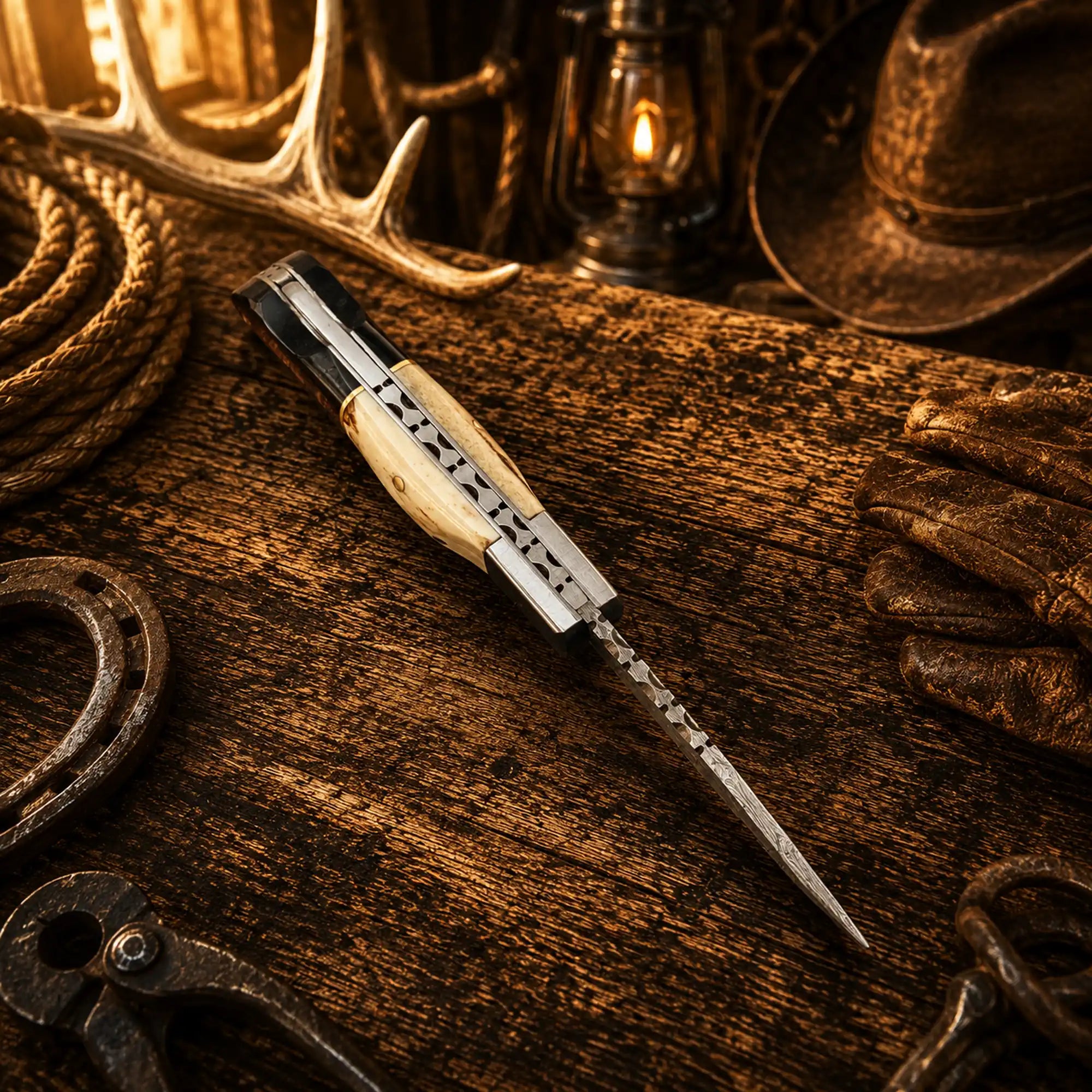Handmade Damascus pocket knife with natural antler handle with beautiful file work.