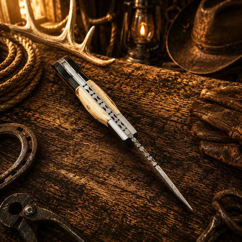 Handmade Damascus pocket knife with natural antler handle with beautiful file work.