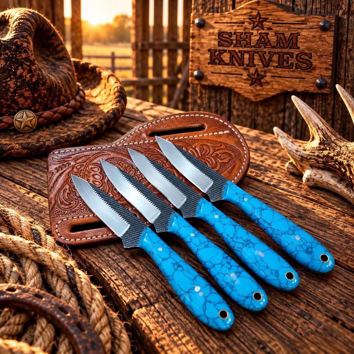 Belt Buckaroo Knifes set - 3.5” Rasp Steel with Turquoise stone Handles - SHAM KNIVESCowboy KnifeSHAM KNIVESBelt Buckaroo rasp steel knife set with turquoise stone handles