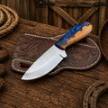 Handmade belt sheath working knife with D2 steel blade and blue resin wood handle.