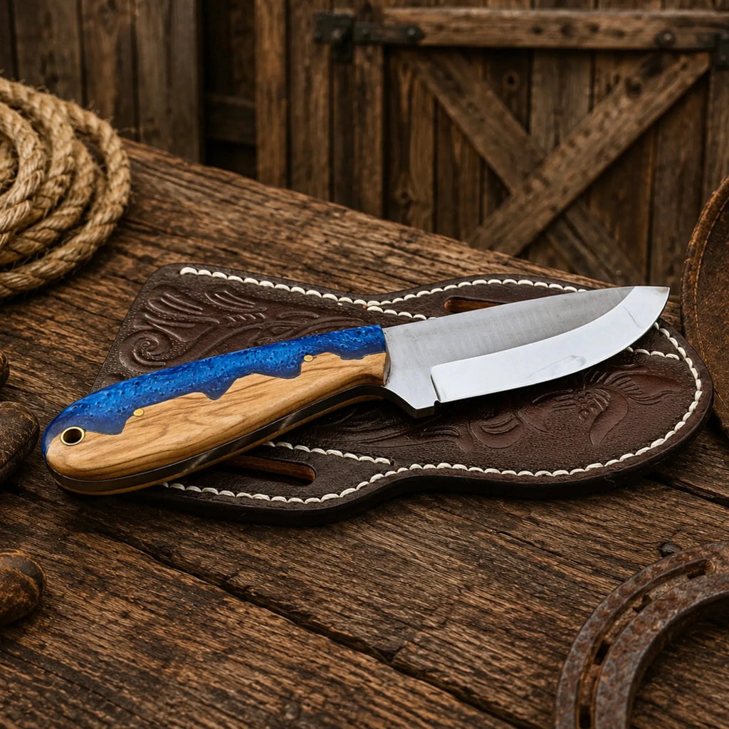 Belt Sheath Working Knife – D2 Steel Blue Resin & Wood Handle - SHAM KNIVESCowboy KnifeSHAM KNIVESCowboy field knife featuring D2 steel blade and western leather sheath.