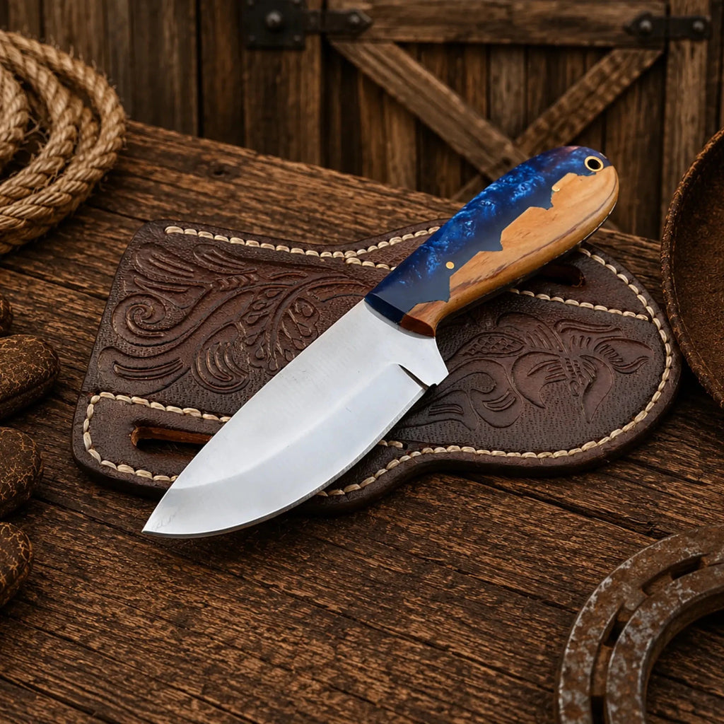 Belt Sheath Working Knife – D2 Steel Blue Resin & Wood Handle - SHAM KNIVESCowboy KnifeSHAM KNIVESHandmade belt sheath working knife with D2 steel blade and blue resin wood handle.