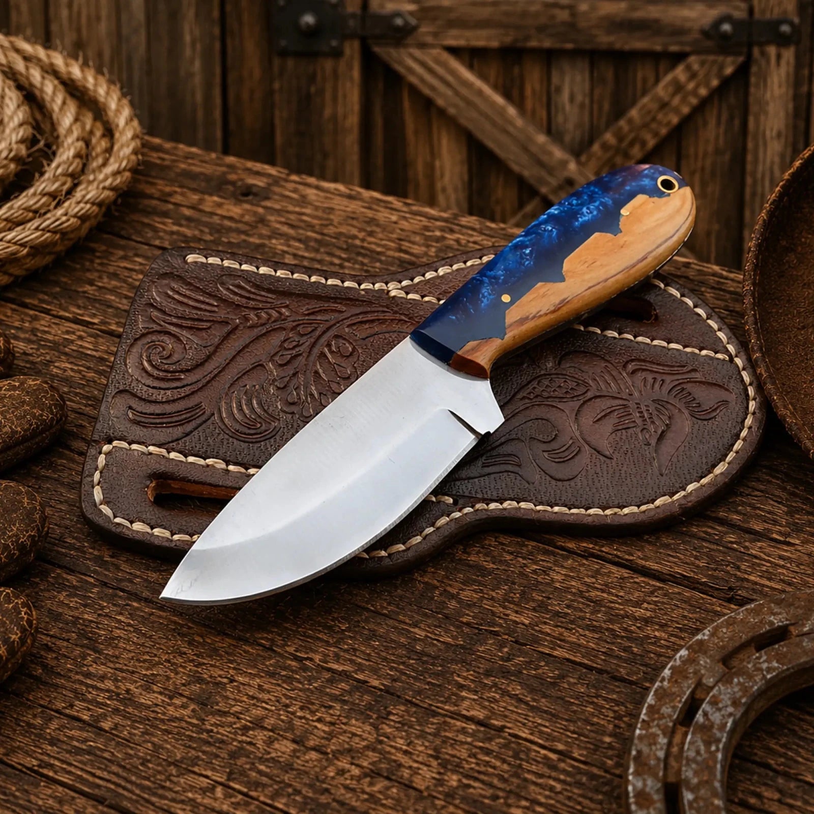 Belt Sheath Working Knife – D2 Steel Blue Resin & Wood Handle - SHAM KNIVESCowboy KnifeSHAM KNIVESHandmade belt sheath working knife with D2 steel blade and blue resin wood handle.
