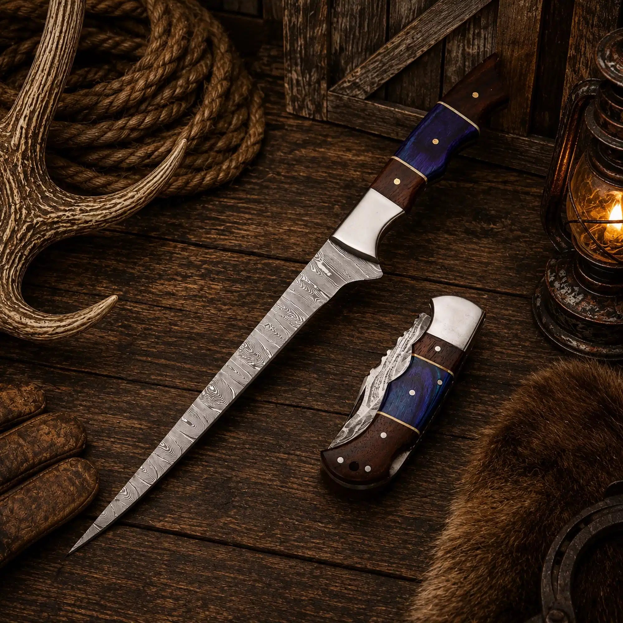 Best Duo Damascus steel fillet and pocket folding knife with exotic wood handles