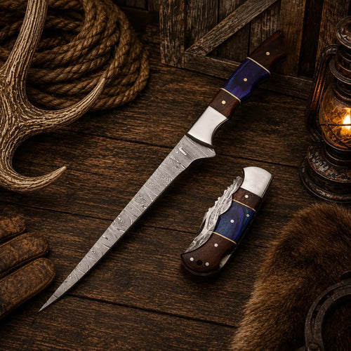 Best Duo Damascus steel fillet and pocket folding knife with exotic wood handles
