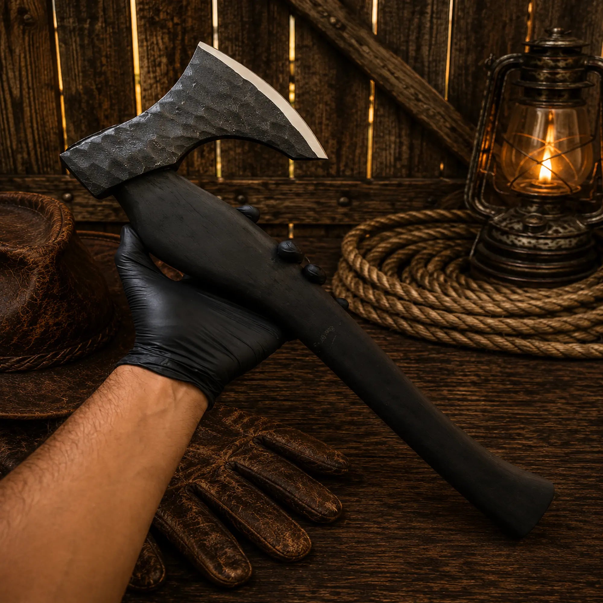 Black ash wood handle axe with cowhide sheath