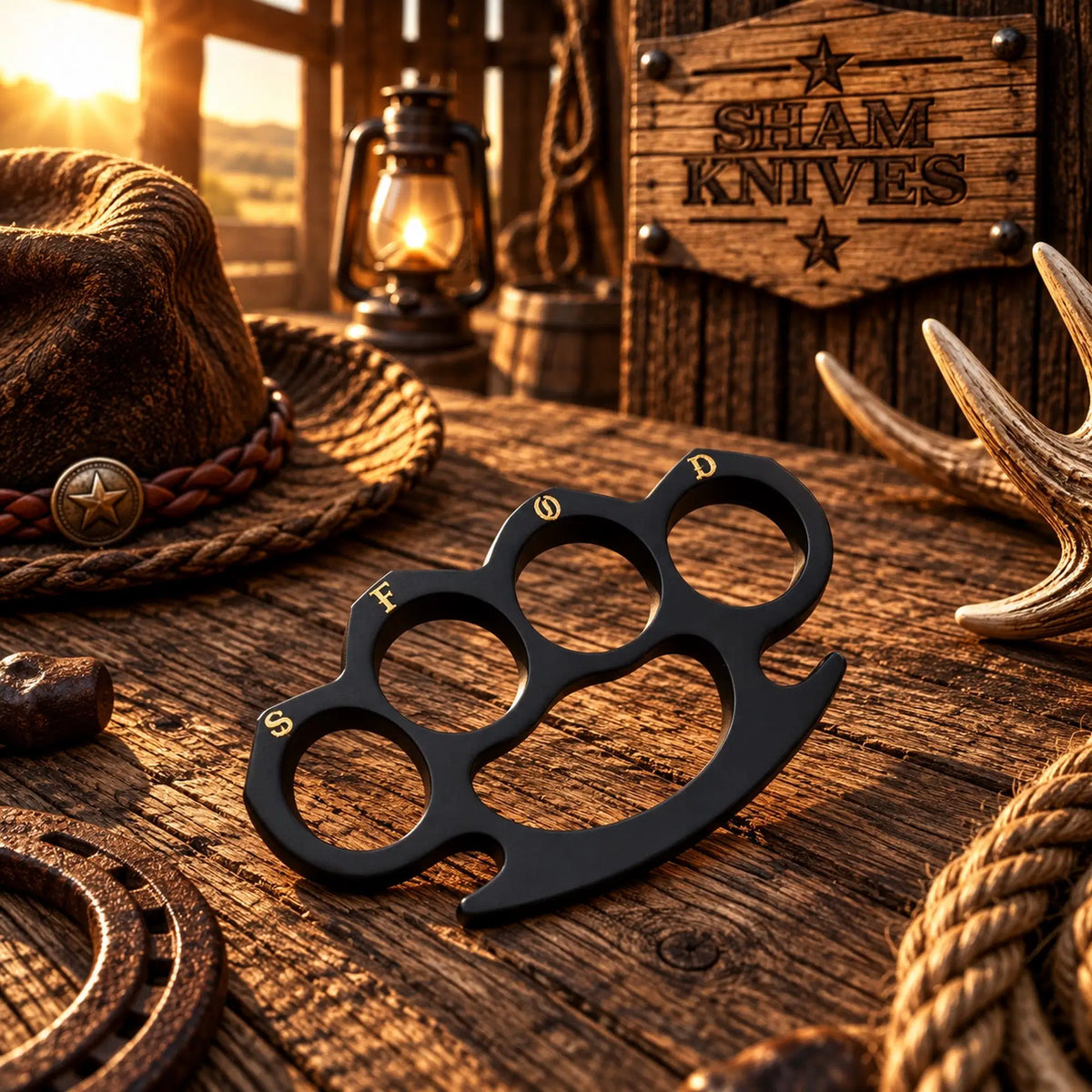 Black engraved brass knuckle collectible featuring gold-toned symbols