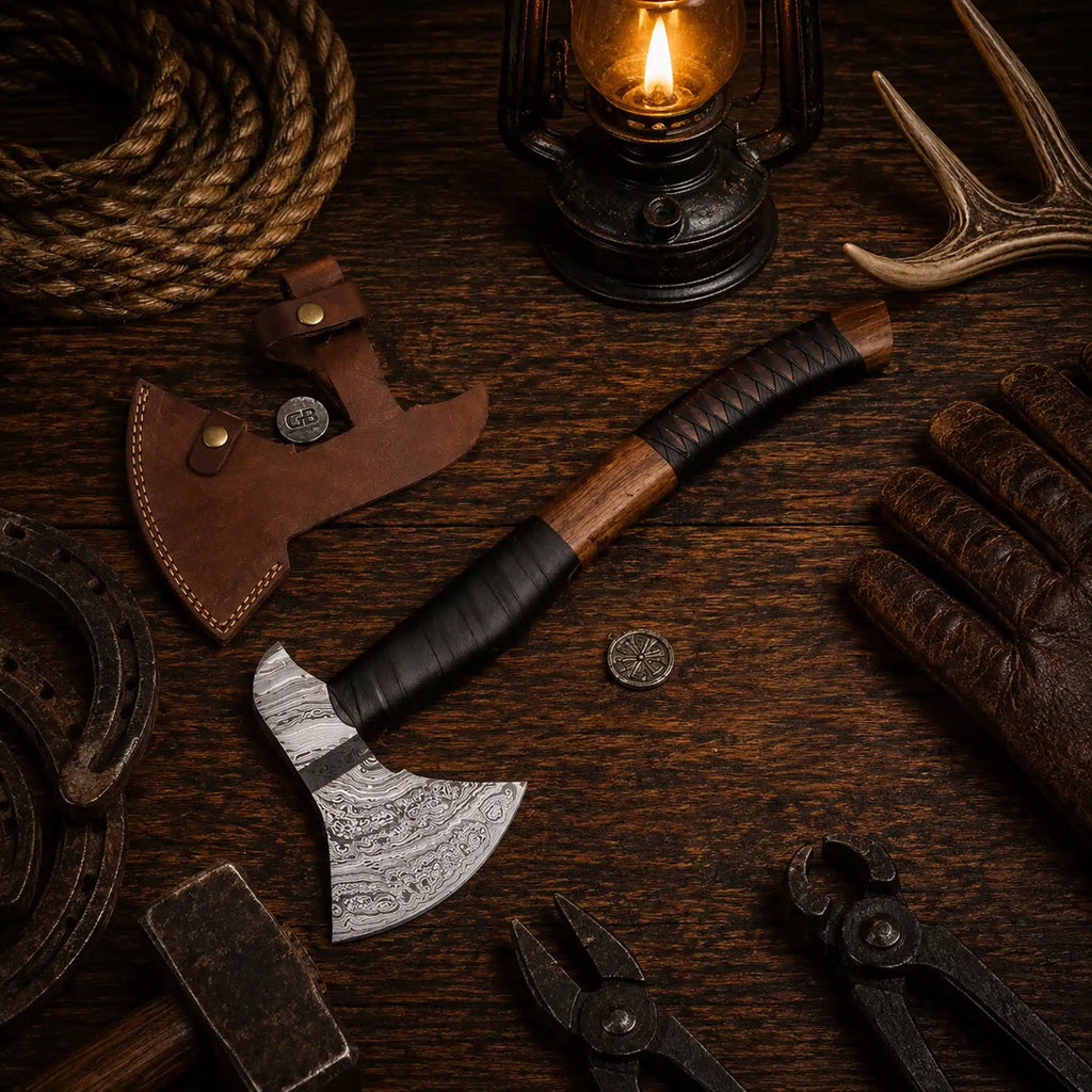 Black Hawk Damascus tomahawk with rosewood handle and leather wrap