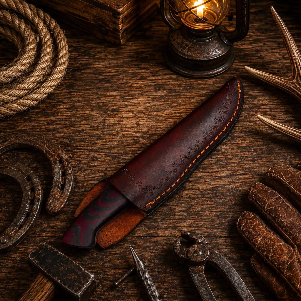 Damascus hunting knife with black and red G10 Micarta handle