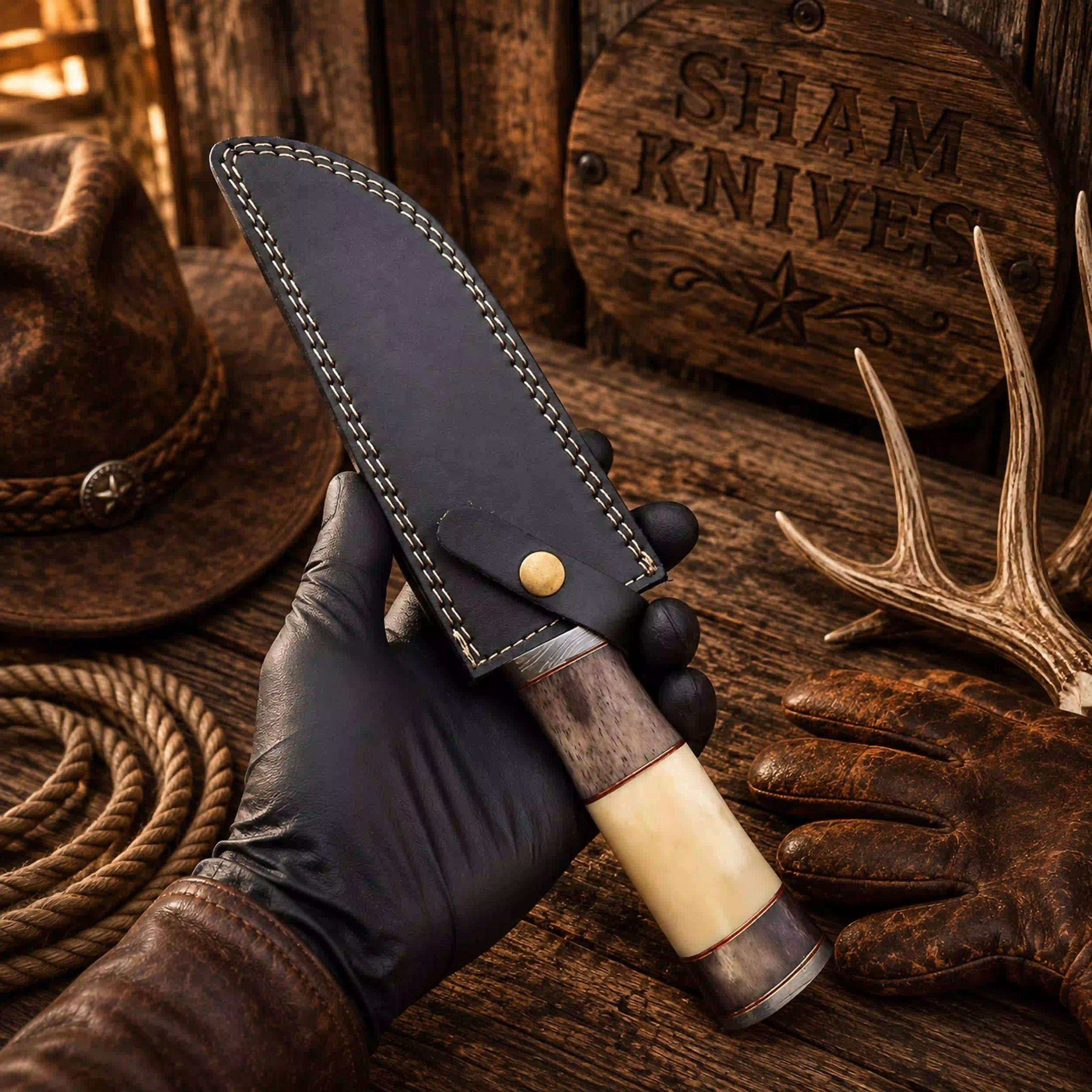 Black Widow Bowie with cream and gray bone handle and red spacers