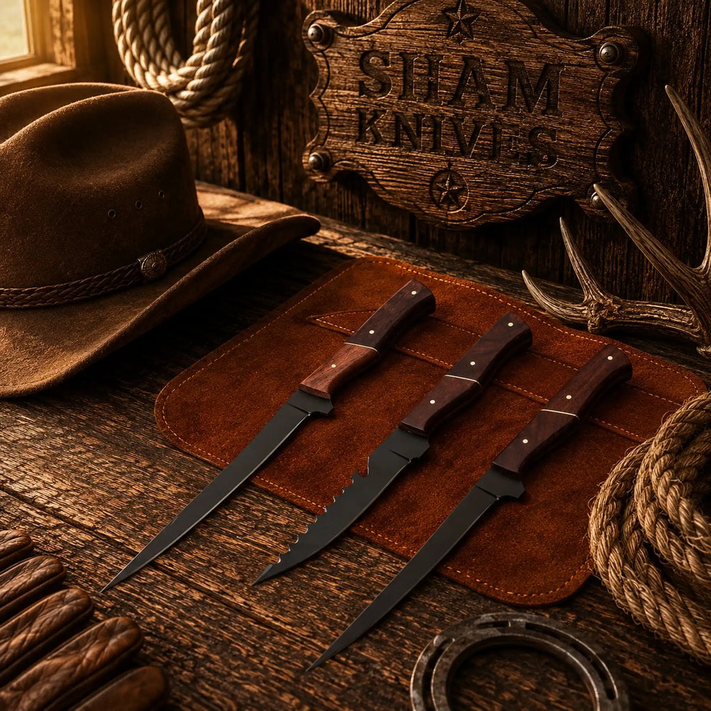 Blackfin Trio handmade D2 steel fillet knife set with three powder-coated blades
