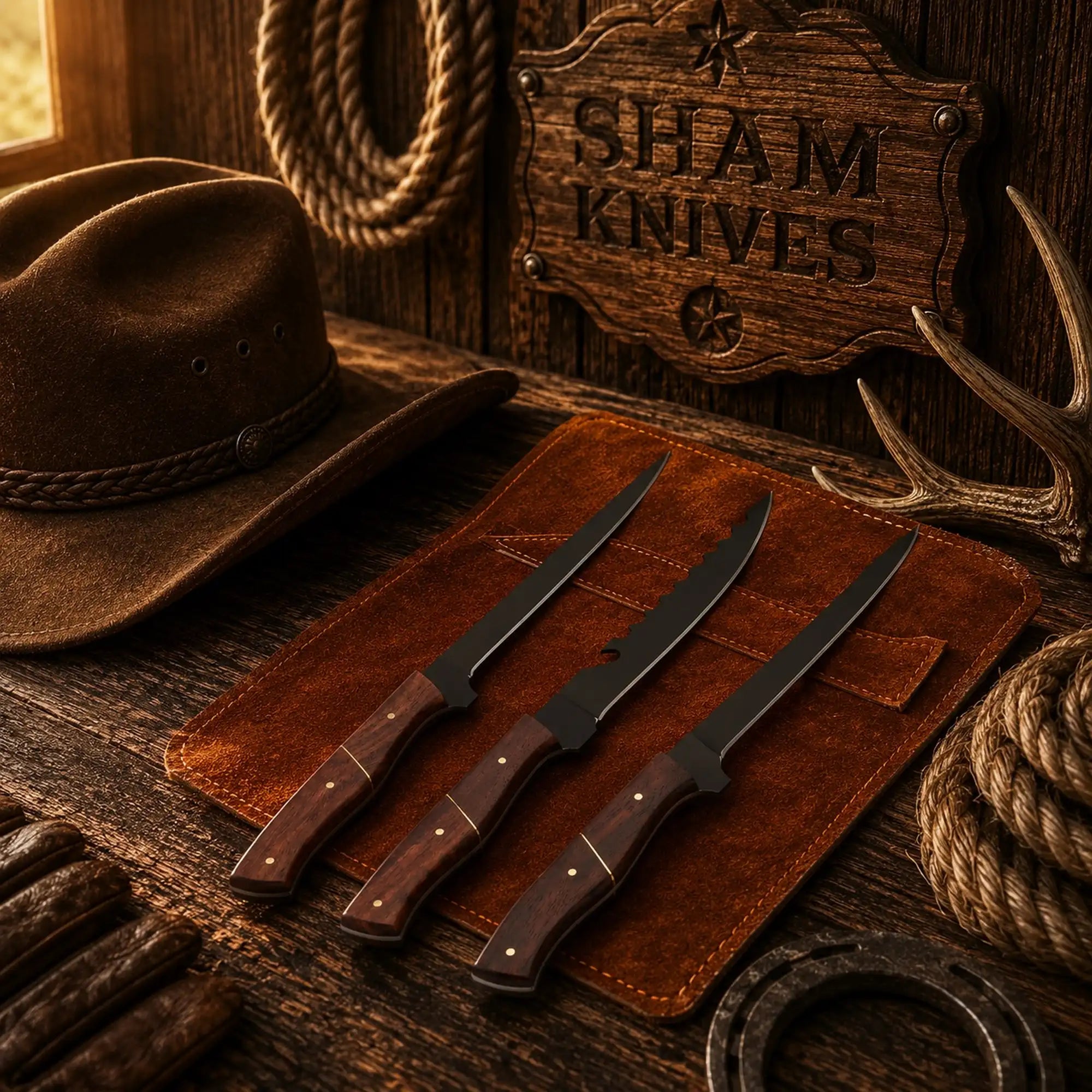 Three black-coated fishing knives with contoured rosewood handles