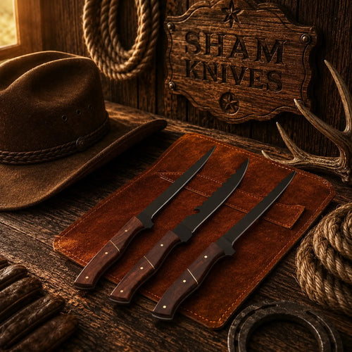 Three black-coated fishing knives with contoured rosewood handles