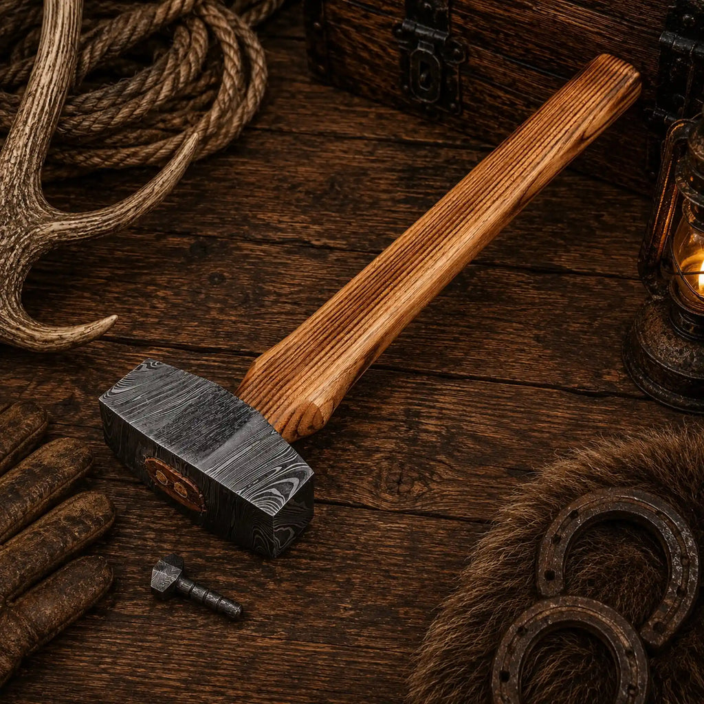 Damascus blacksmith rounding hammer shown on a neutral surface