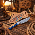Blue Buckaroo Damascus hunting knife with Western leather sheath