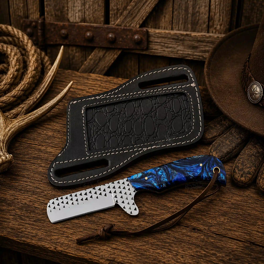 Artisan handcrafted Bull Cutter Knife with razor-sharp Rasp File D2 steel blade, blue epoxy resin scales, and horizontal carry leather pancake sheath.