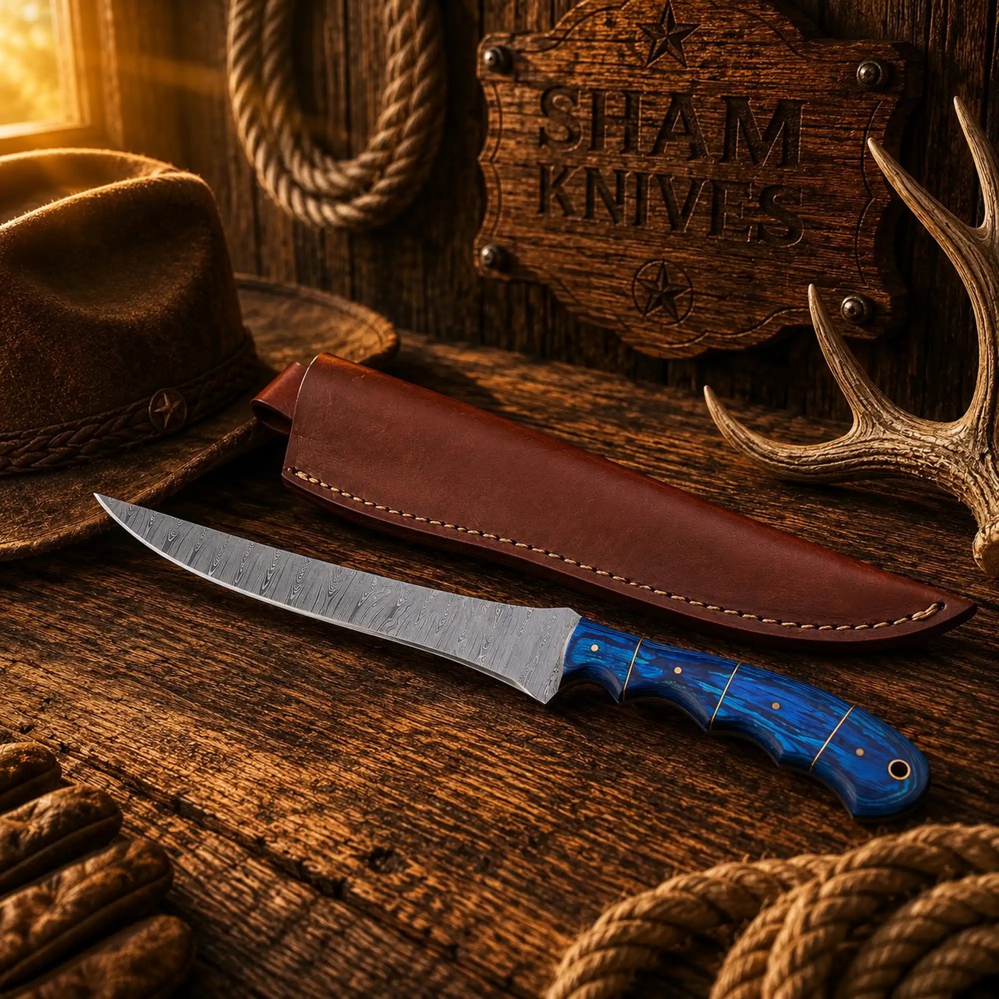 Blue Mariner Damascus fillet knife with blue exotic wood handle