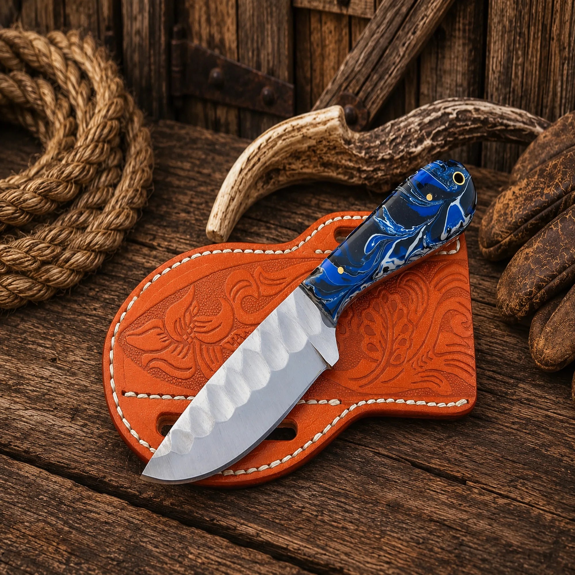 Western fixed blade knife with scout leather belt sheath and resin handle