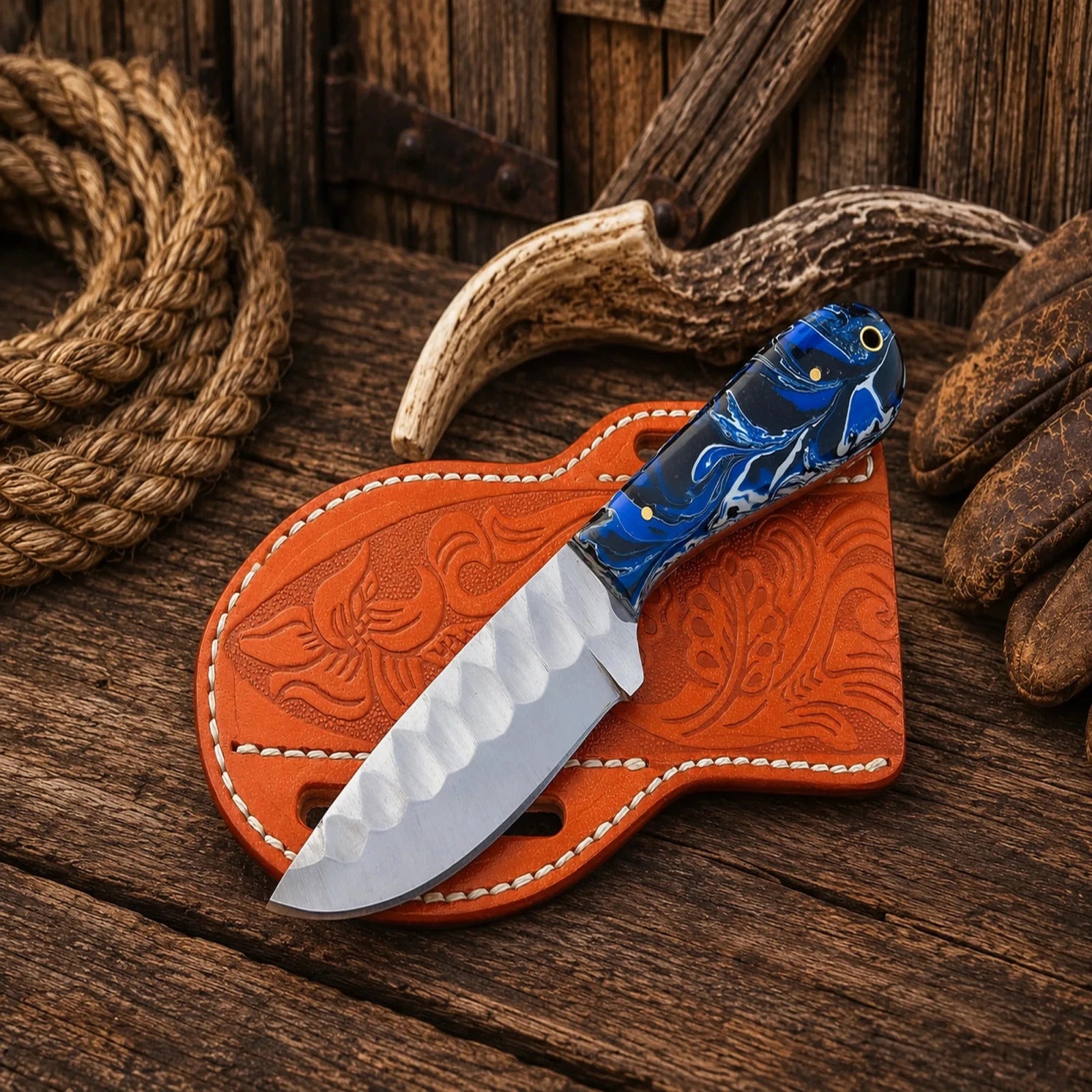 Blue Mesa Buckaroo Knife – D2 Steel Skinner & Scout Belt Sheath - SHAM KNIVESCowboy KnifeSHAM KNIVESWestern fixed blade knife with scout leather belt sheath and resin handle