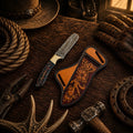 The Blue Mesa Bull Cutter with Damascus steel blade and blue pine cone resin handle