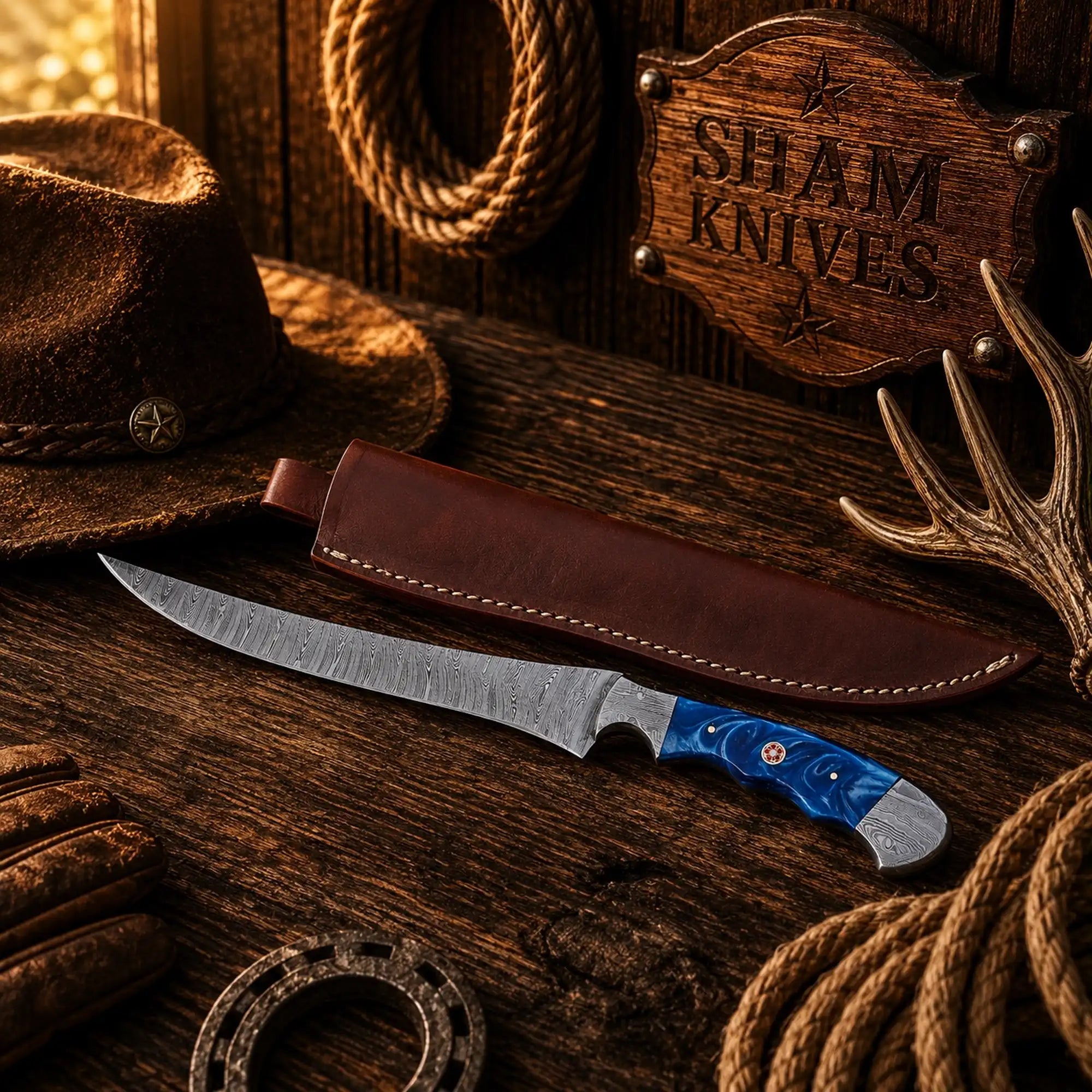 Blue Mesa Damascus steel fillet knife with blue resin handle