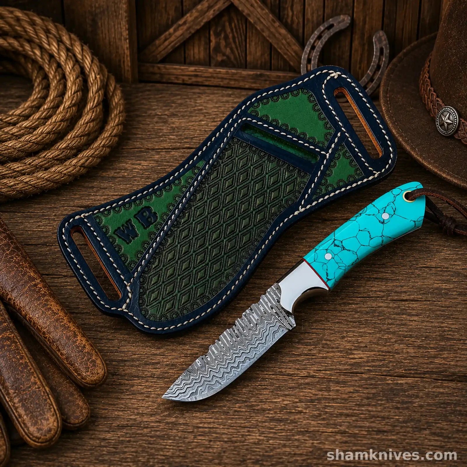 Blue Outlaw Cowboy Hunting Knife – Damascus Steel Turquoise Handle - SHAM KNIVESHunting KnifesSHAM KNIVESHandmade Damascus hunting knife featuring turquoise stone handle