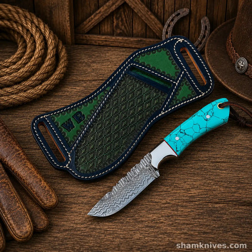 Blue Outlaw Cowboy Hunting Knife – Damascus Steel Turquoise Handle - SHAM KNIVESHunting KnifesSHAM KNIVESHandmade Damascus hunting knife featuring turquoise stone handle