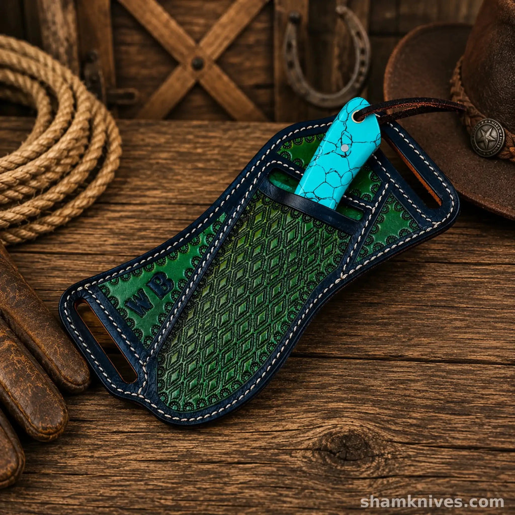 Blue Outlaw Cowboy Hunting Knife – Damascus Steel Turquoise Handle - SHAM KNIVESHunting KnifesSHAM KNIVESCustom hunting knife with turquoise handle and pancake leather sheath