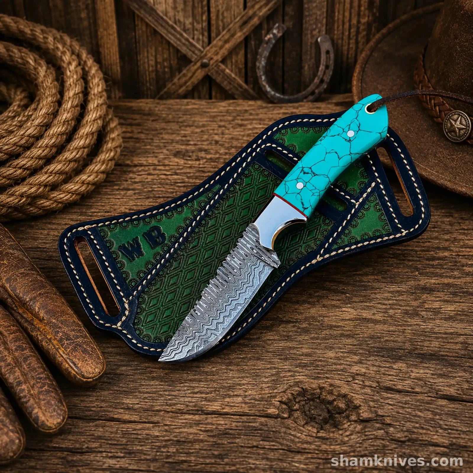 Blue Outlaw Cowboy Hunting Knife – Damascus Steel Turquoise Handle - SHAM KNIVESHunting KnifesSHAM KNIVESBlue Outlaw cowboy hunting knife with Damascus steel blade and turquoise handle