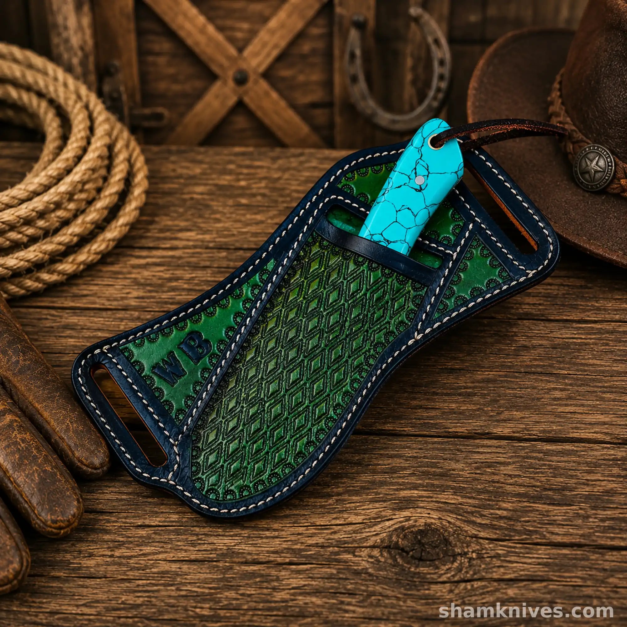 Custom hunting knife with turquoise handle and pancake leather sheath