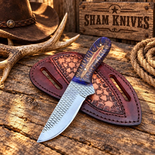 Blue Pine Cone Cowboy Skinning Knife – Rasp Steel & Pancake Sheath - SHAM KNIVESSkinning KnifeSHAM KNIVESCowboy skinning knife displayed with pancake leather belt sheath