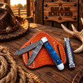 Blue resin Damascus double-blade trapper folding knife