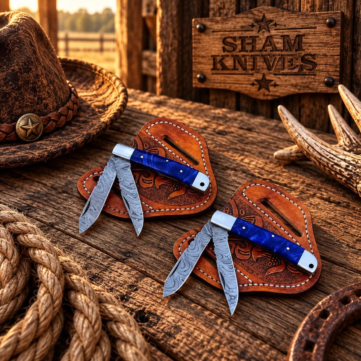  Blue Trail Damascus trapper folding knife duo with double blades