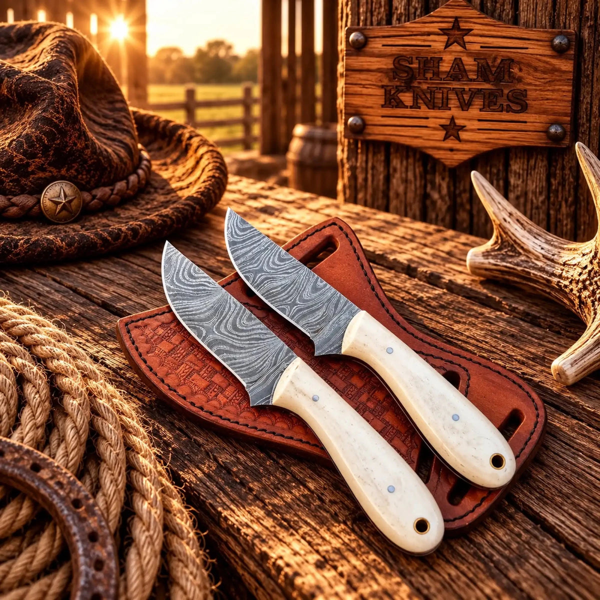 Bone Buckaroo Belt Knife For Everyday Carry With Damascus Steel Blade - SHAM KNIVESBuckaroo KnifeSHAM KNIVESBone Buckaroo belt knife with patterned Damascus steel blade