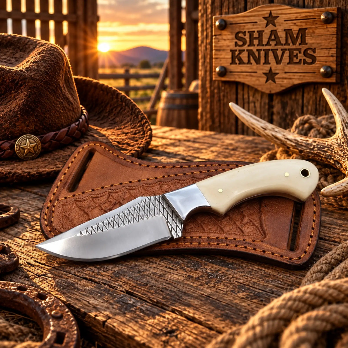 Bone Trail Cowboy Knife with cream bone handle and rasp steel blade
