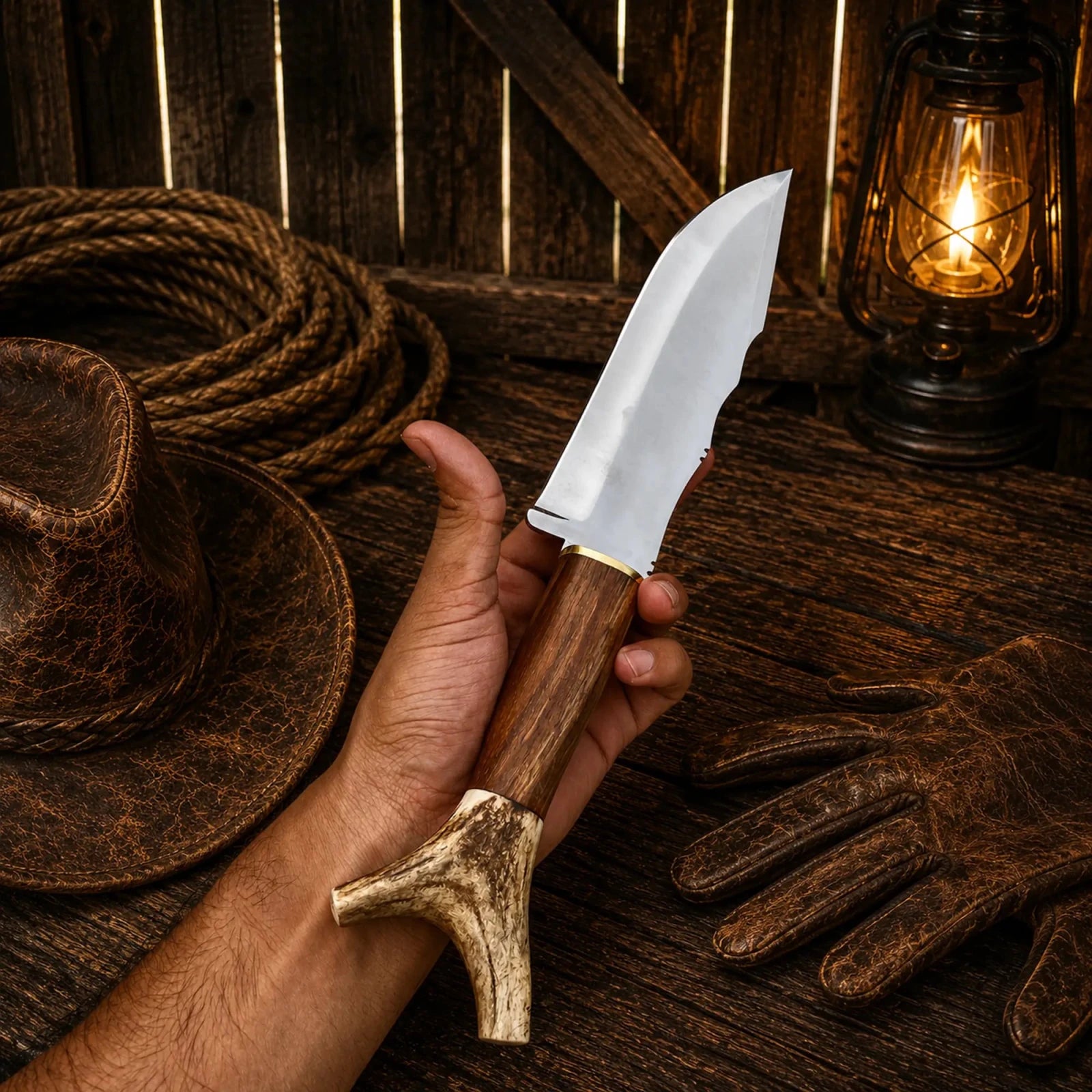 Bowie Knife Handmade | Frontier Inspired Antler Handle - SHAM KNIVESBowie knifeSHAM KNIVESFrontier inspired handmade Bowie knife with rustic antler handle close up