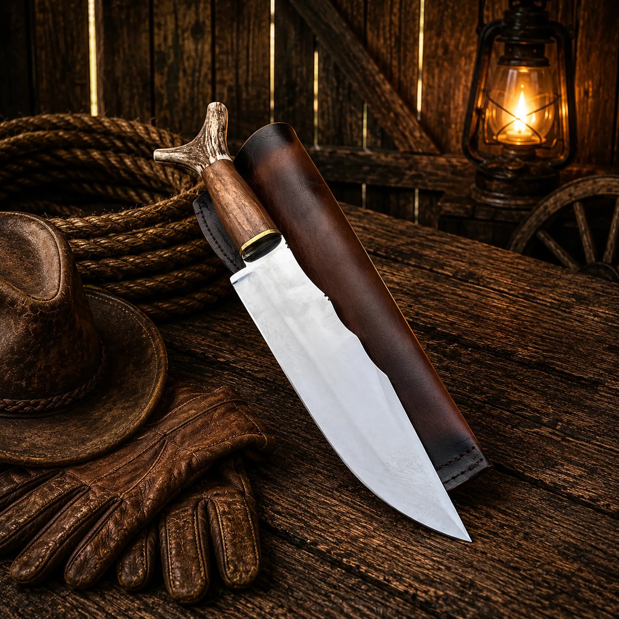 Premium handmade Bowie knife featuring antler handle craftsmanship leather sheath
