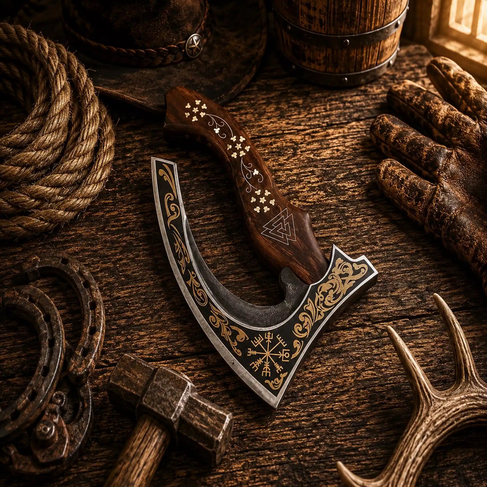 Handmade Viking pizza cutter axe with curved carbon steel blade