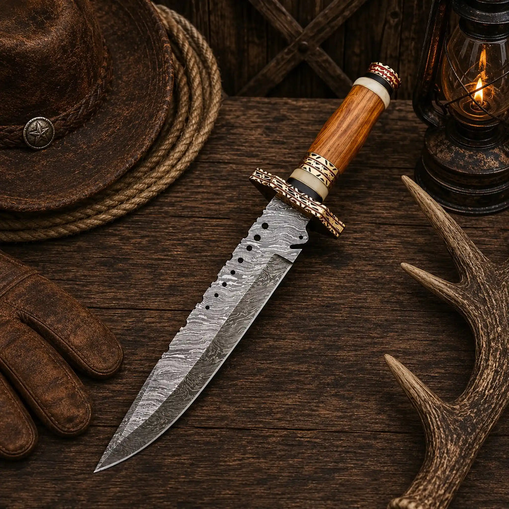 Brass Ridge Damascus Bowie knife with ash wood handle and red sheath