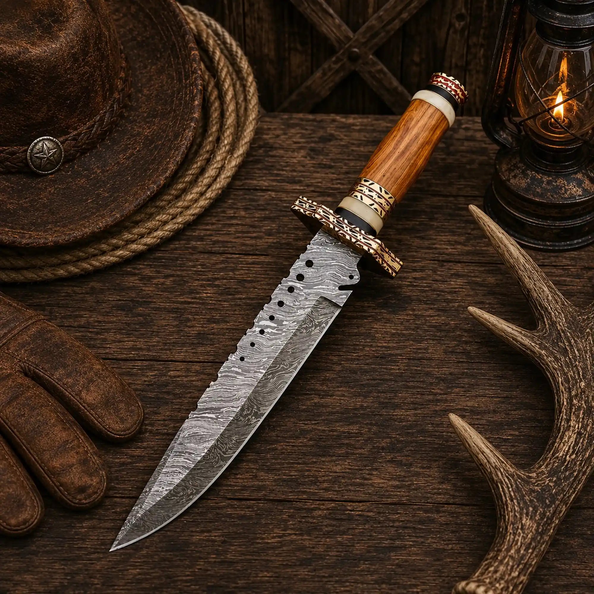 Brass Ridge Damascus Bowie knife with ash wood handle and red sheath