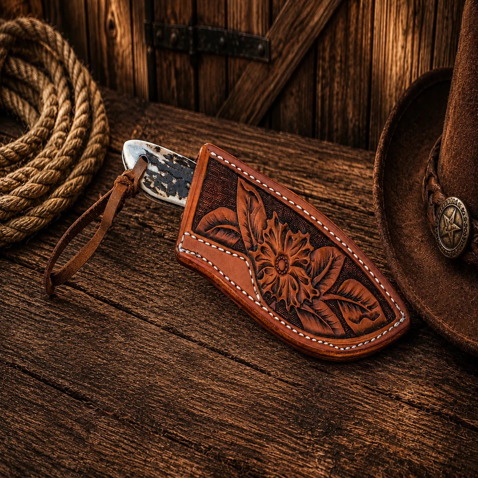 Buckaroo Cross Draw Knife – Damascus Steel with Antler Handle & Pancake Sheath - SHAM KNIVESCowboy KnifeSHAM KNIVESBuckaroo cross draw knife with premium leather pancake sheath.